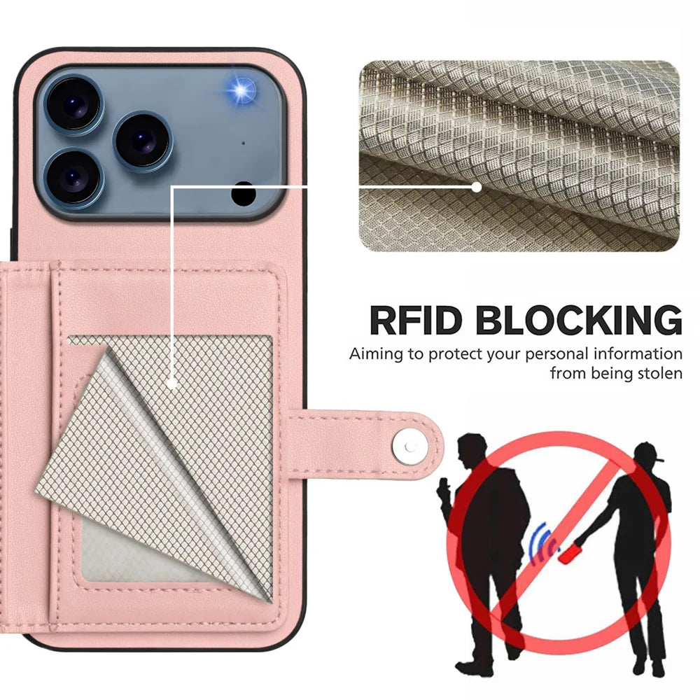 For iPhone 18 Pro Max / 17 Pro Max Case RFID Blocking Card Holder Kickstand TPU + PU Leather Phone Back Cover - Rose Gold - 4