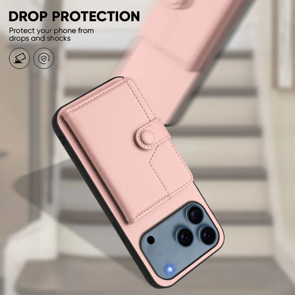 For iPhone 18 Pro Max / 17 Pro Max Case RFID Blocking Card Holder Kickstand TPU + PU Leather Phone Back Cover - Rose Gold - 5