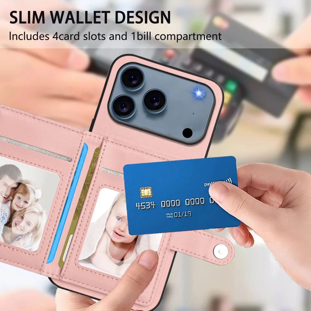 For iPhone 18 Pro Max / 17 Pro Max Case RFID Blocking Card Holder Kickstand TPU + PU Leather Phone Back Cover - Rose Gold - 6