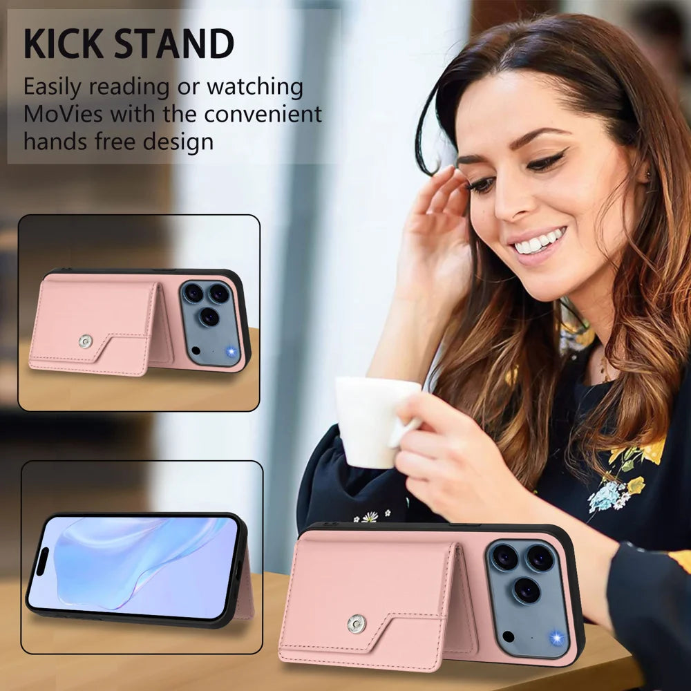 For iPhone 18 Pro Max / 17 Pro Max Case RFID Blocking Card Holder Kickstand TPU + PU Leather Phone Back Cover - Rose Gold - 7