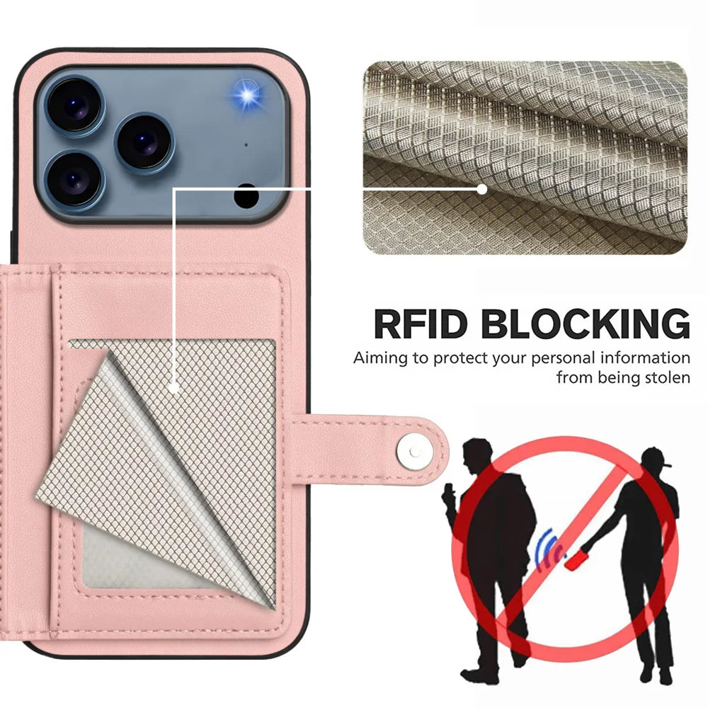 For iPhone 18 Pro / 17 Pro Case RFID Blocking Card Holder Kickstand TPU + PU Leather Phone Back Cover - Rose Gold - 4