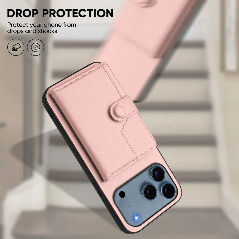 For iPhone 18 Pro / 17 Pro Case RFID Blocking Card Holder Kickstand TPU + PU Leather Phone Back Cover - Rose Gold - 5