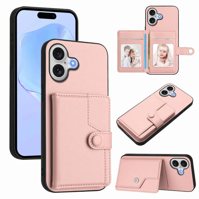 For iPhone 17 Case RFID Blocking Card Holder Kickstand TPU + PU Leather Phone Back Cover - Rose Gold - 1