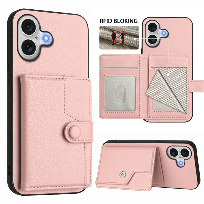 For iPhone 17 Case RFID Blocking Card Holder Kickstand TPU + PU Leather Phone Back Cover - Rose Gold - 3