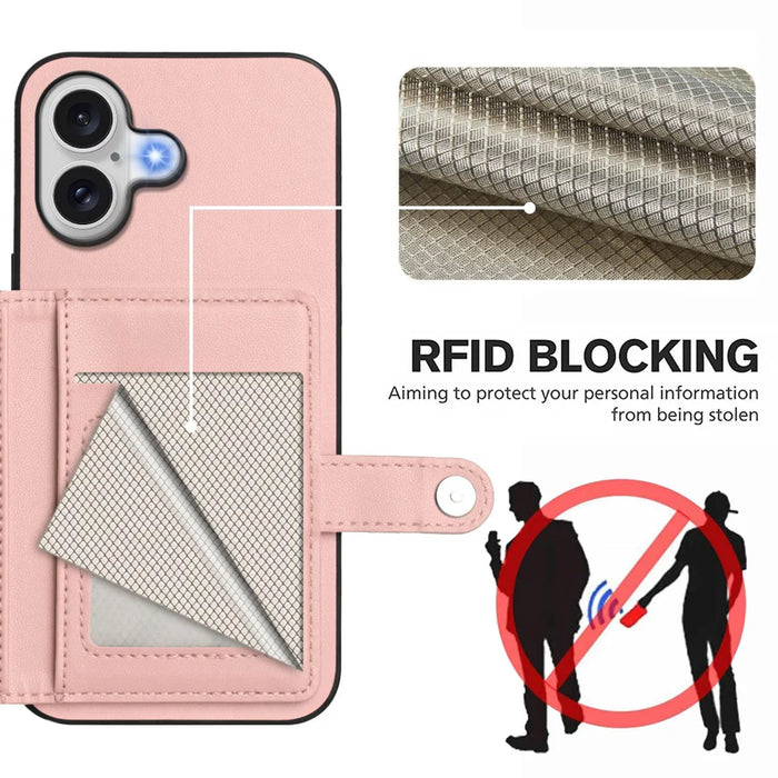 For iPhone 17 Case RFID Blocking Card Holder Kickstand TPU + PU Leather Phone Back Cover - Rose Gold - 4