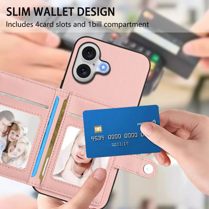 For iPhone 17 Case RFID Blocking Card Holder Kickstand TPU + PU Leather Phone Back Cover - Rose Gold - 6
