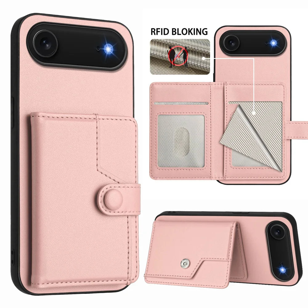For iPhone Air Case RFID Blocking Card Holder Kickstand TPU + PU Leather Phone Back Cover - Rose Gold - 3