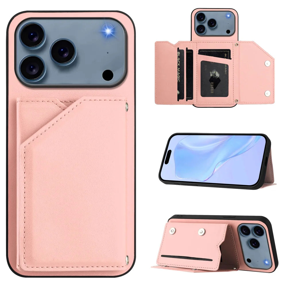 For iPhone 18 Pro / 17 Pro Case Card Holder Kickstand Skin-Touch Phone Cover with Wrist Strap - Pink - 2