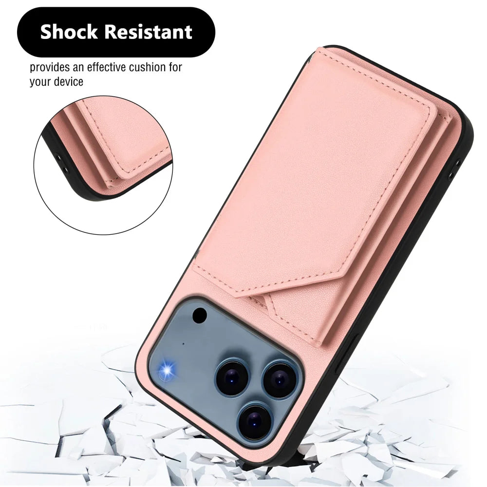 For iPhone 18 Pro / 17 Pro Case Card Holder Kickstand Skin-Touch Phone Cover with Wrist Strap - Pink - 3