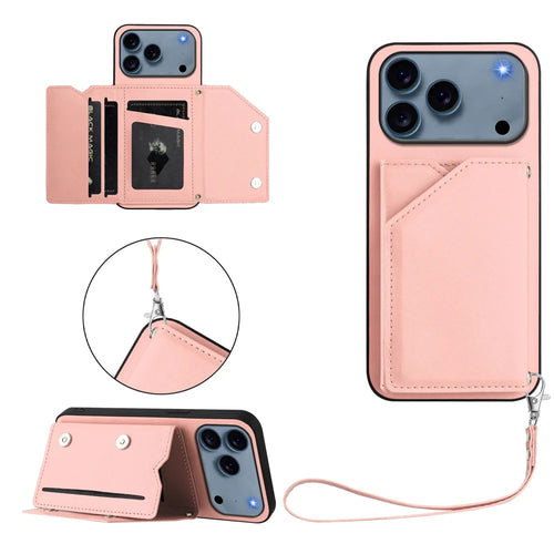 For iPhone 18 Pro Max / 17 Pro Max Case Card Holder Kickstand Skin-Touch Phone Cover with Wrist Strap - Pink - 1