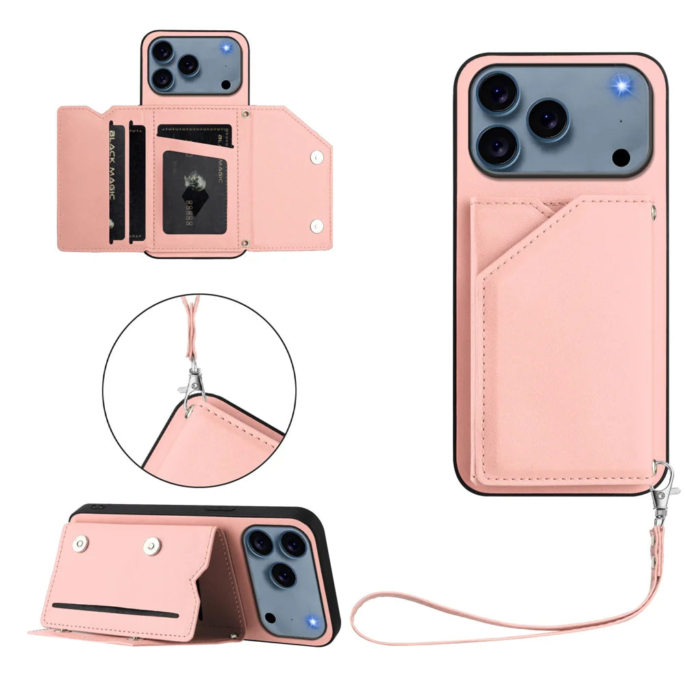 For iPhone 18 Pro Max / 17 Pro Max Case Card Holder Kickstand Skin-Touch Phone Cover with Wrist Strap - Pink - 1