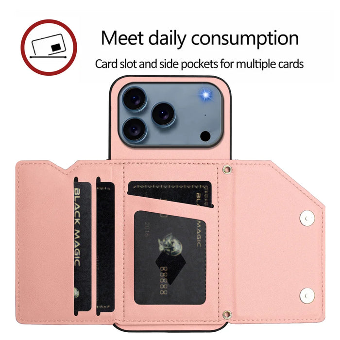 For iPhone 18 Pro Max / 17 Pro Max Case Card Holder Kickstand Skin-Touch Phone Cover with Wrist Strap - Pink - 5
