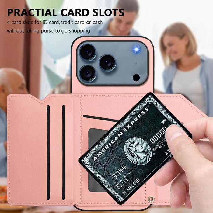 For iPhone 18 Pro Max / 17 Pro Max Case Card Holder Kickstand Skin-Touch Phone Cover with Wrist Strap - Pink - 6