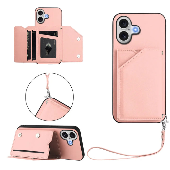 For iPhone 17 Case Card Holder Kickstand Skin-Touch Phone Cover with Wrist Strap - Pink - 1
