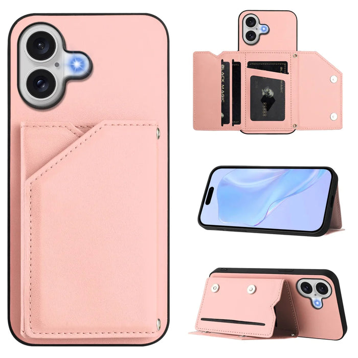 For iPhone 17 Case Card Holder Kickstand Skin-Touch Phone Cover with Wrist Strap - Pink - 2