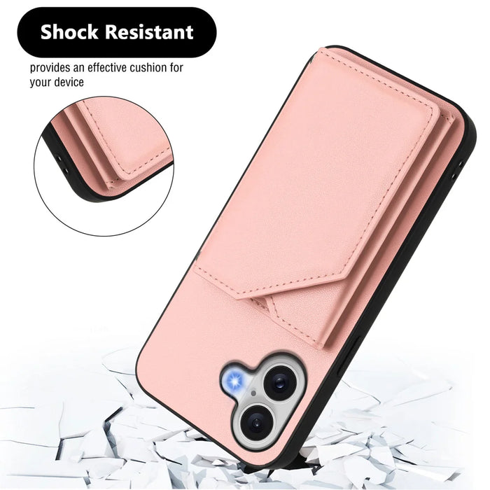 For iPhone 17 Case Card Holder Kickstand Skin-Touch Phone Cover with Wrist Strap - Pink - 3