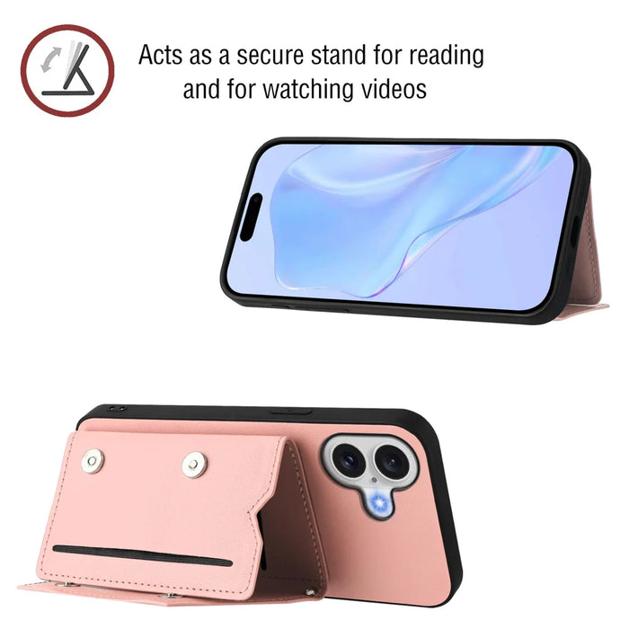 For iPhone 17 Case Card Holder Kickstand Skin-Touch Phone Cover with Wrist Strap - Pink - 4