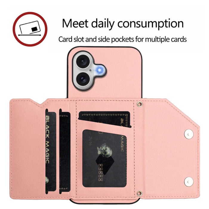 For iPhone 17 Case Card Holder Kickstand Skin-Touch Phone Cover with Wrist Strap - Pink - 5