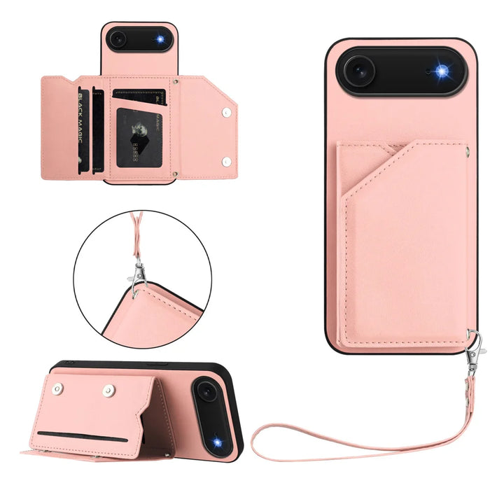 For iPhone Air Case Card Holder Kickstand Skin-Touch Phone Cover with Wrist Strap - Pink - 1
