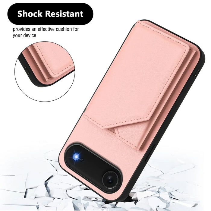 For iPhone Air Case Card Holder Kickstand Skin-Touch Phone Cover with Wrist Strap - Pink - 3