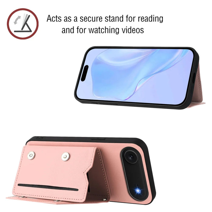 For iPhone Air Case Card Holder Kickstand Skin-Touch Phone Cover with Wrist Strap - Pink - 4