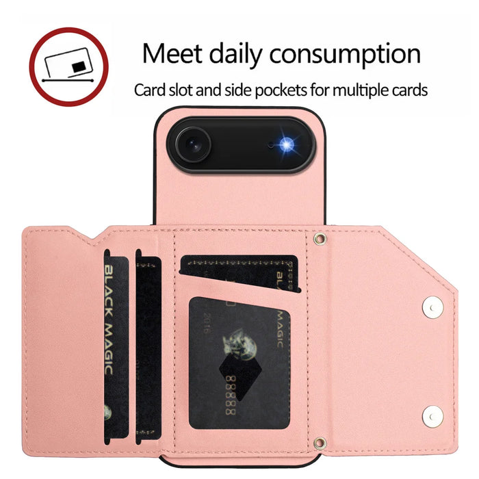 For iPhone Air Case Card Holder Kickstand Skin-Touch Phone Cover with Wrist Strap - Pink - 5