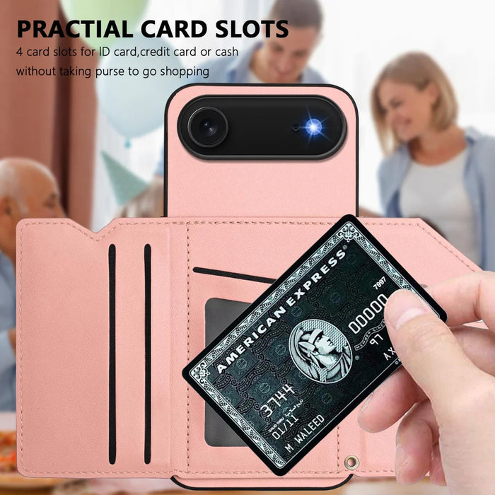 For iPhone Air Case Card Holder Kickstand Skin-Touch Phone Cover with Wrist Strap - Pink - 6