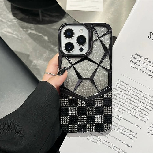 For iPhone 16 Pro Case with Glitter Paper Plate Geometric Diamond Pattern Rhinestone Electroplating TPU Phone Cover - Black - 1
