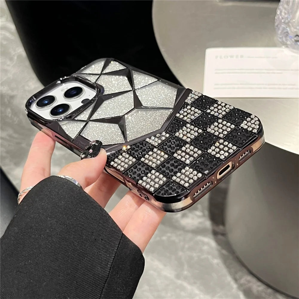 For iPhone 16 Pro Case with Glitter Paper Plate Geometric Diamond Pattern Rhinestone Electroplating TPU Phone Cover - Black - 3
