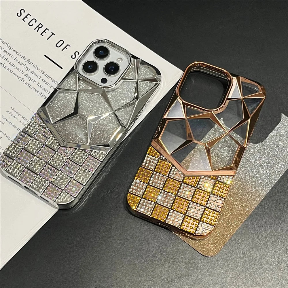 For iPhone 16 Pro Max Case with Glitter Paper Plate Geometric Diamond Pattern Rhinestone Electroplating TPU Phone Cover - Black - 2
