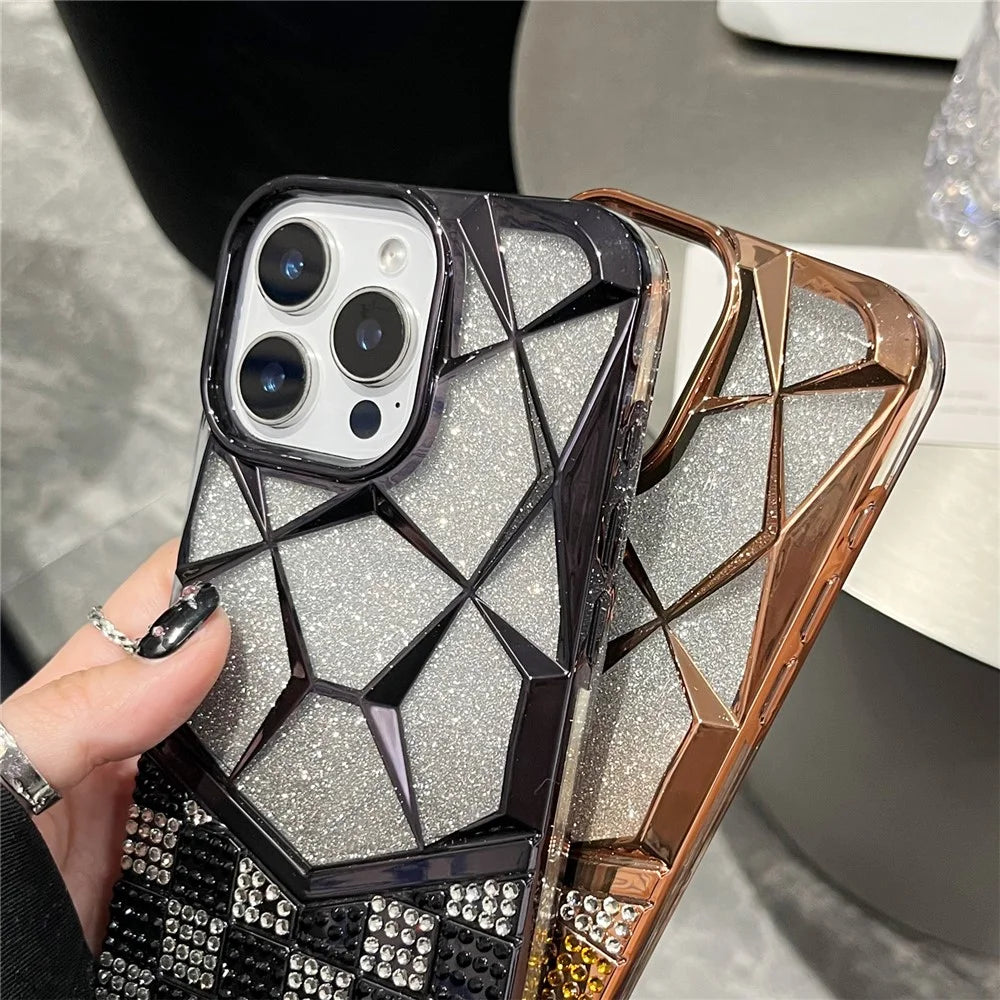 For iPhone 16 Pro Max Case with Glitter Paper Plate Geometric Diamond Pattern Rhinestone Electroplating TPU Phone Cover - Black - 4