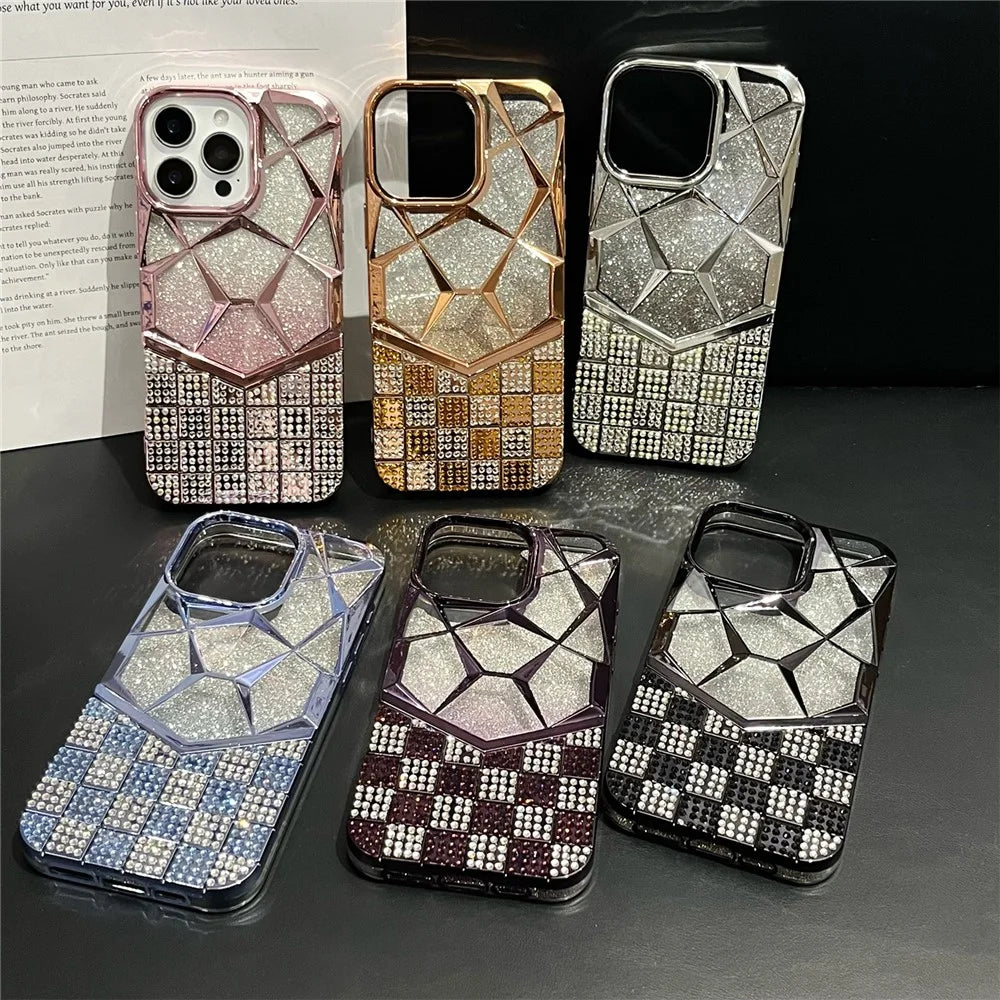 For iPhone 16 Pro Max Case with Glitter Paper Plate Geometric Diamond Pattern Rhinestone Electroplating TPU Phone Cover - Black - 5