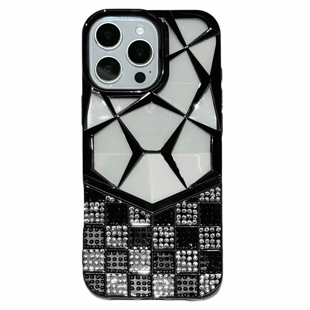 For iPhone 16 Pro Case Geometric Diamond Pattern Rhinestone Decor Electroplating TPU Phone Cover - Black - 1