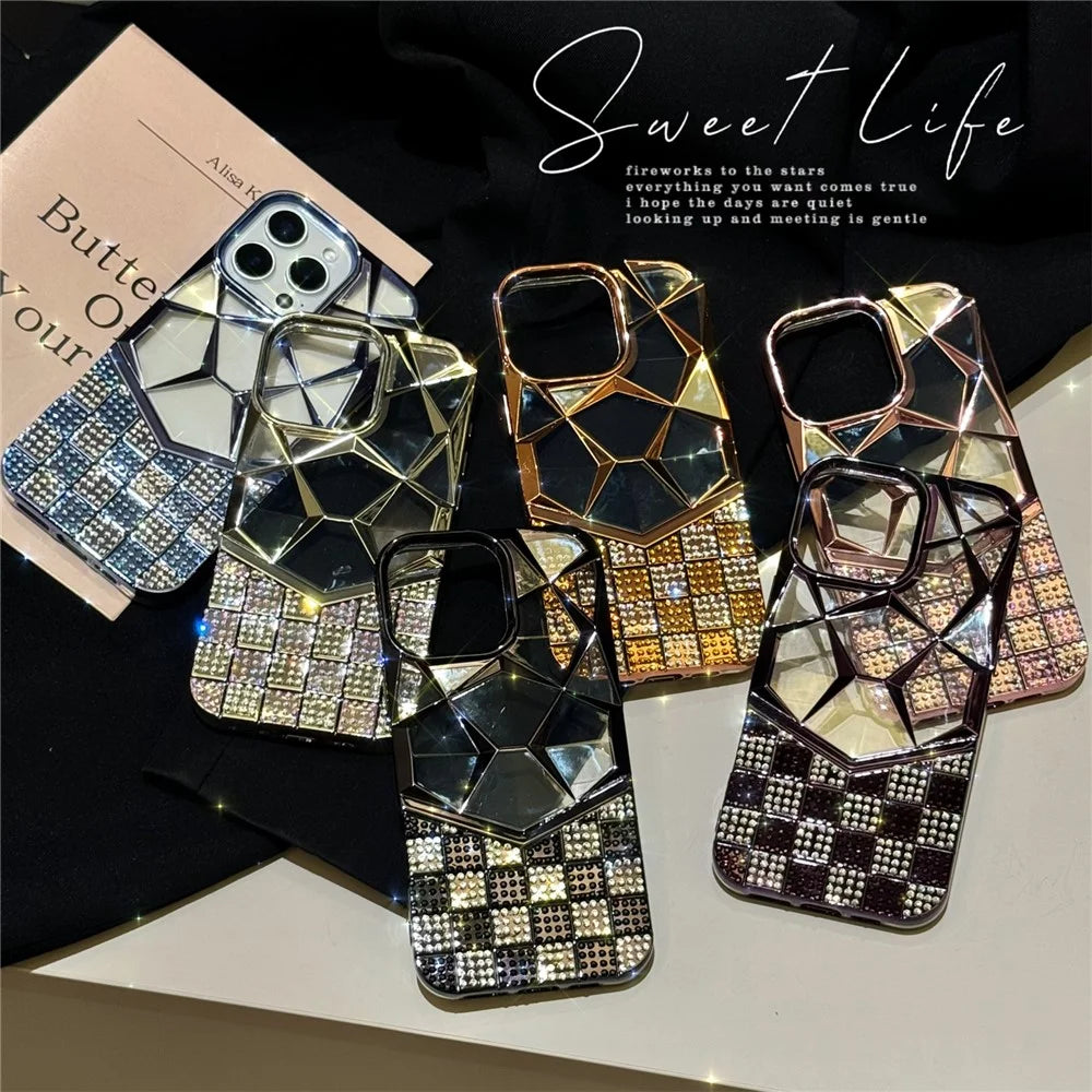 For iPhone 16 Pro Case Geometric Diamond Pattern Rhinestone Decor Electroplating TPU Phone Cover - Black - 5