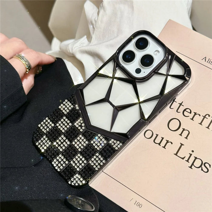 For iPhone 16 Pro Max Case Geometric Diamond Pattern Rhinestone Decor Electroplating TPU Phone Cover - Black - 2