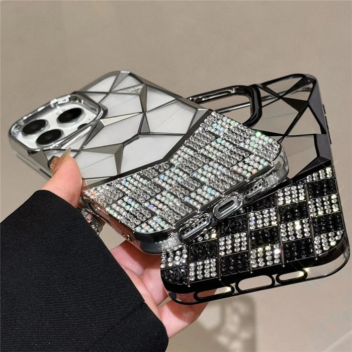 For iPhone 16 Pro Max Case Geometric Diamond Pattern Rhinestone Decor Electroplating TPU Phone Cover - Black - 3