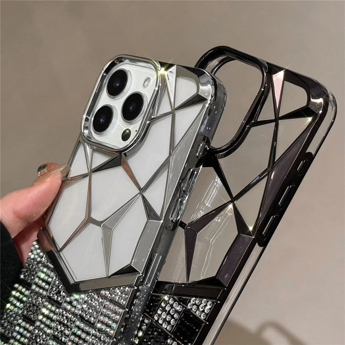 For iPhone 16 Pro Max Case Geometric Diamond Pattern Rhinestone Decor Electroplating TPU Phone Cover - Black - 4