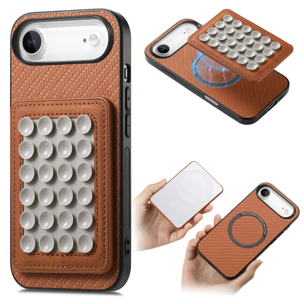 For iPhone Air Case Carbon Fiber Texture Leather Back Cover with Magnetic Detachable Suction Cup - Brown - 1