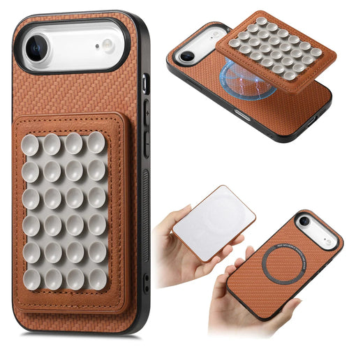 For iPhone Air Case Carbon Fiber Texture Leather Back Cover with Magnetic Detachable Suction Cup - Brown - 1