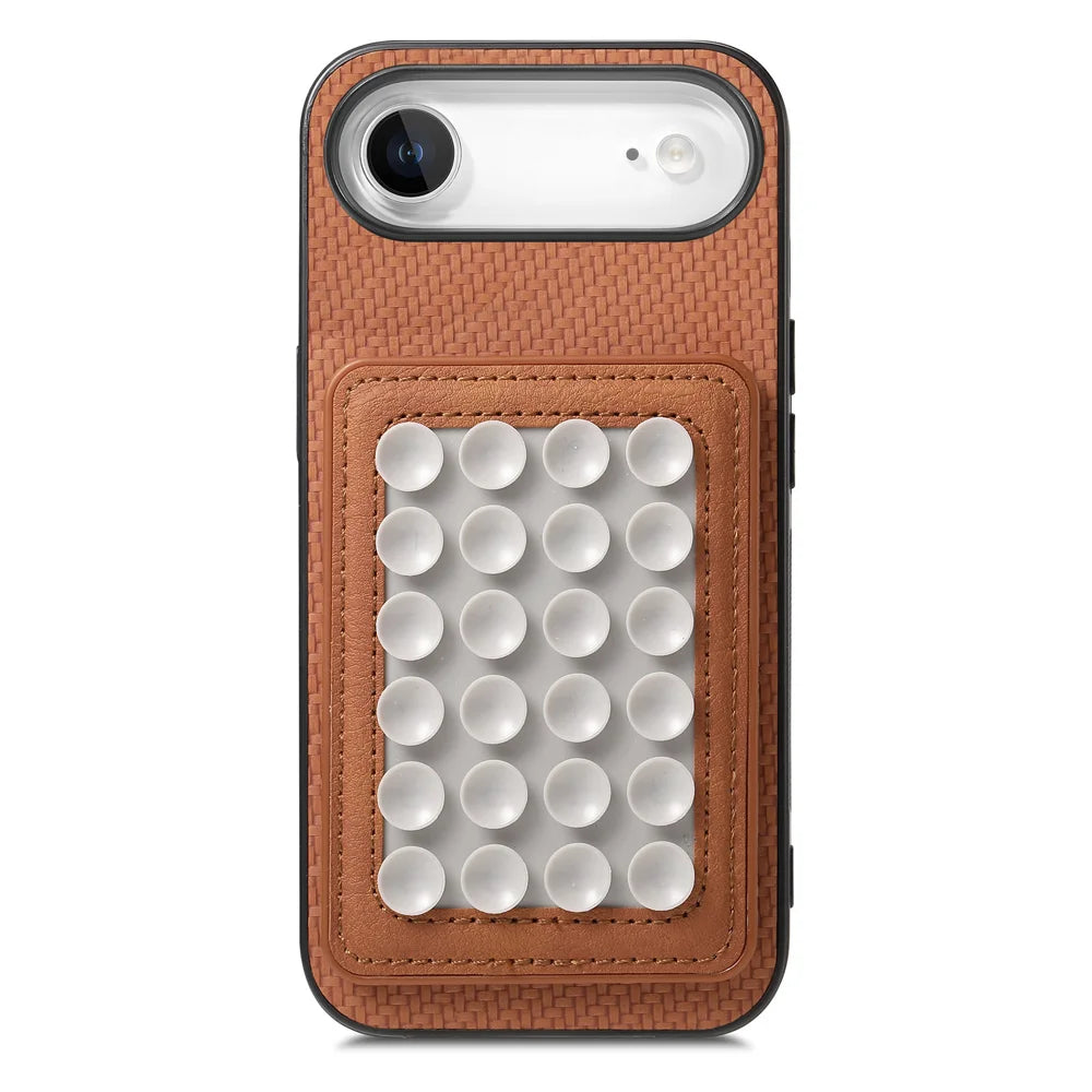 For iPhone Air Case Carbon Fiber Texture Leather Back Cover with Magnetic Detachable Suction Cup - Brown - 2