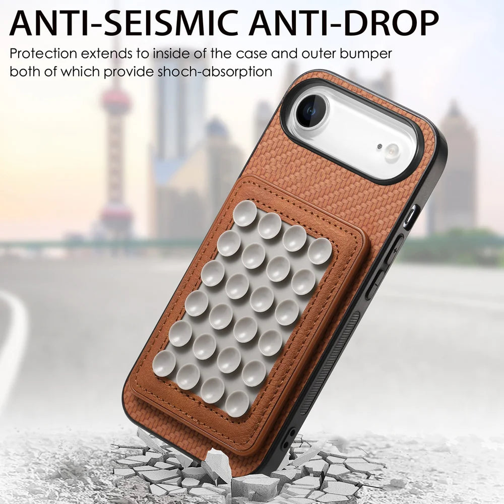 For iPhone Air Case Carbon Fiber Texture Leather Back Cover with Magnetic Detachable Suction Cup - Brown - 3
