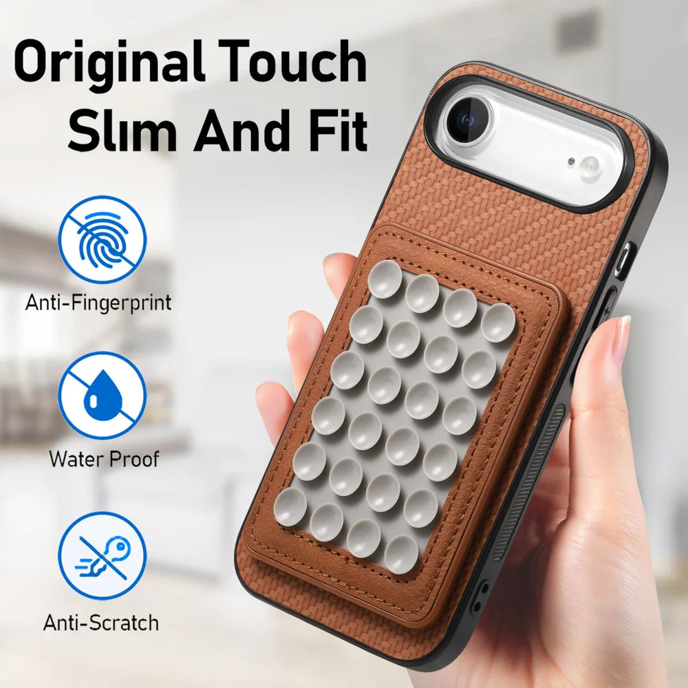 For iPhone Air Case Carbon Fiber Texture Leather Back Cover with Magnetic Detachable Suction Cup - Brown - 4