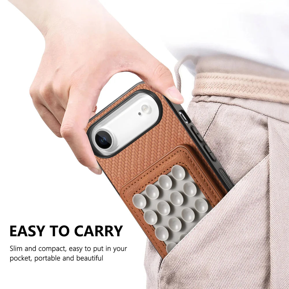 For iPhone Air Case Carbon Fiber Texture Leather Back Cover with Magnetic Detachable Suction Cup - Brown - 5
