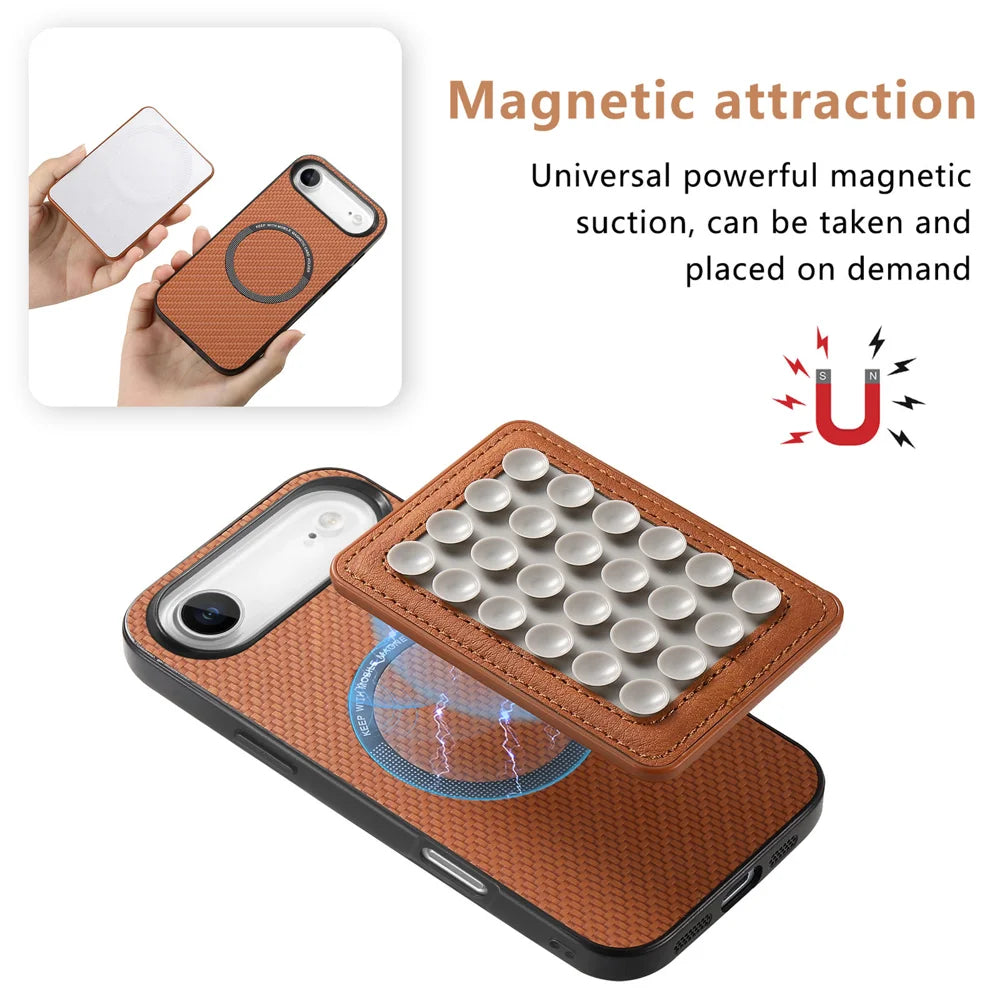 For iPhone Air Case Carbon Fiber Texture Leather Back Cover with Magnetic Detachable Suction Cup - Brown - 6