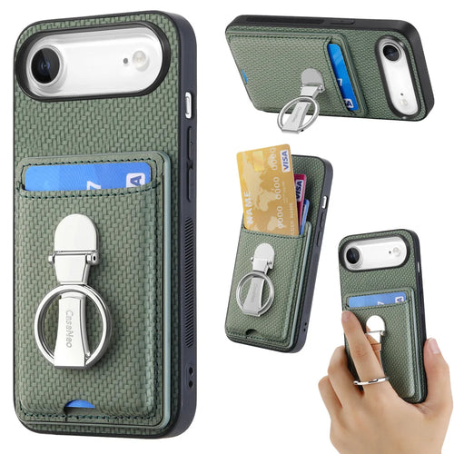 CASENEO For iPhone Air Leather Phone Back Cover with Kickstand and Card Slots Carbon Fiber Texture - Green - 1