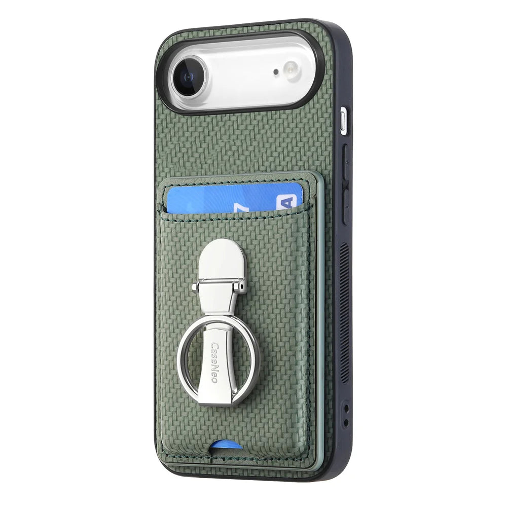 CASENEO For iPhone Air Leather Phone Back Cover with Kickstand and Card Slots Carbon Fiber Texture - Green - 2