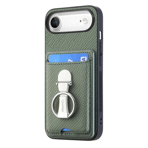 CASENEO For iPhone Air Leather Phone Back Cover with Kickstand and Card Slots Carbon Fiber Texture - Green - 2
