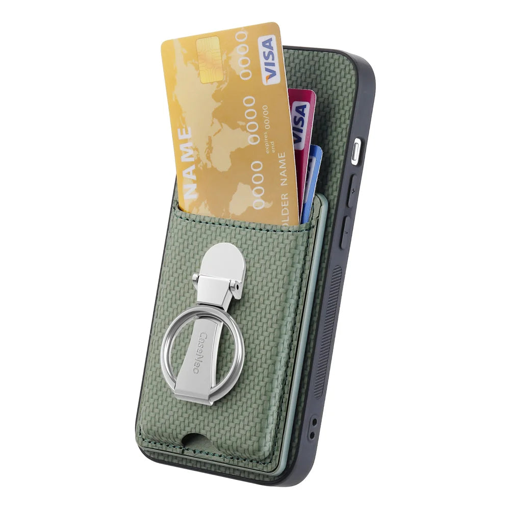 CASENEO For iPhone Air Leather Phone Back Cover with Kickstand and Card Slots Carbon Fiber Texture - Green - 3