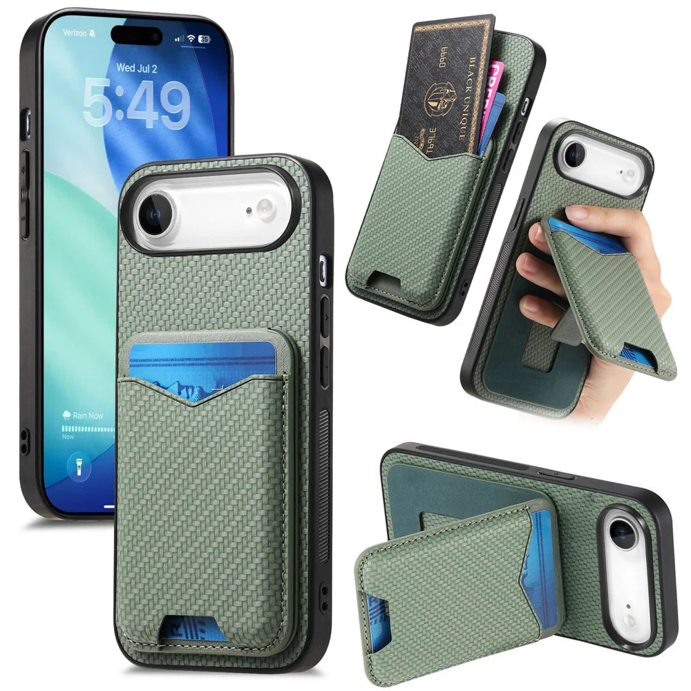 For iPhone Air Case Card Holder Kickstand Carbon Fiber Texture Back Cover - Green - 1