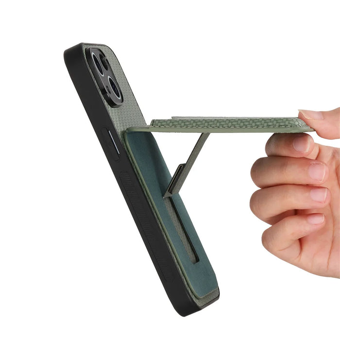 For iPhone Air Case Card Holder Kickstand Carbon Fiber Texture Back Cover - Green - 2